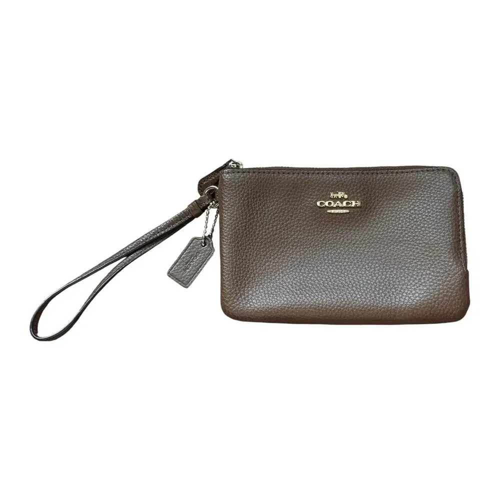 Coach Double Corner Zip Wristlet in Dark Brown Pebble Leather